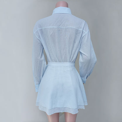 Sky Blue Tie-Up Beach Shirt with Wrap Skirt Cover-Up Set