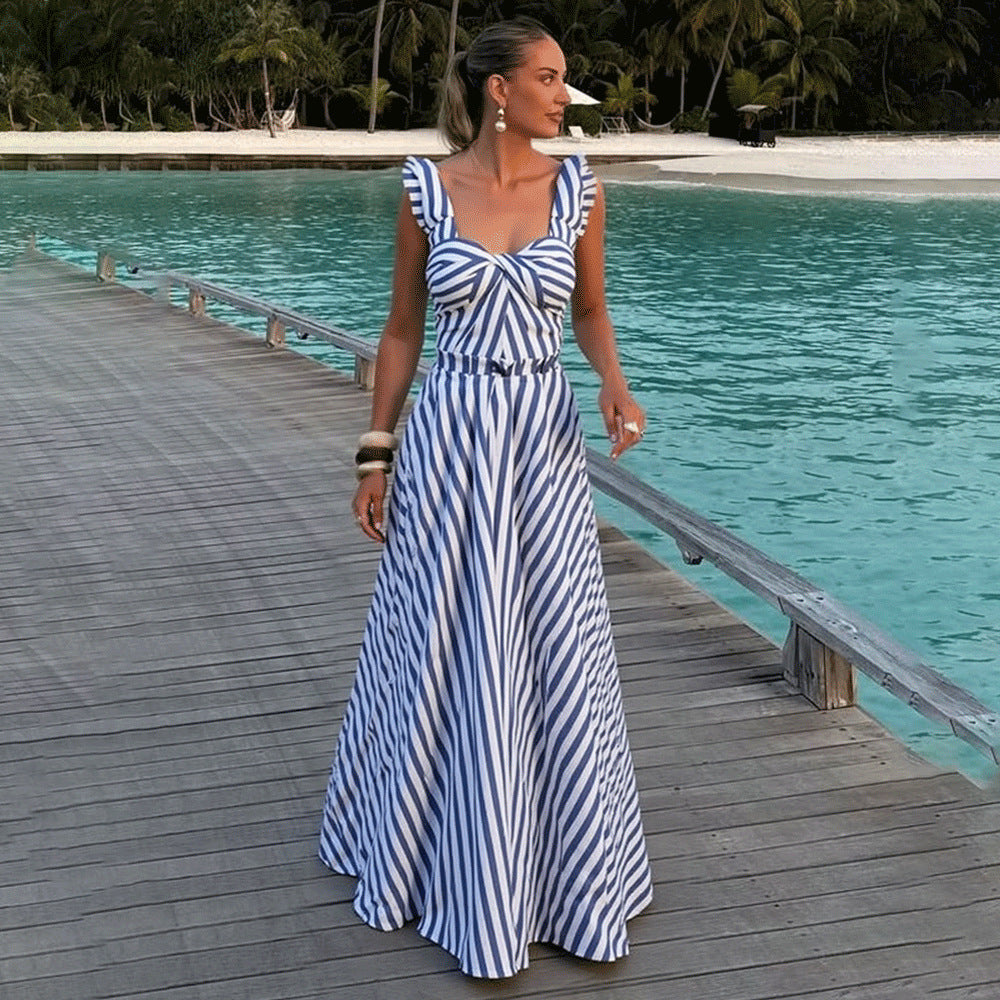 Blue & White Striped Bustier Monokini with Maxi Cover-Up Skirt