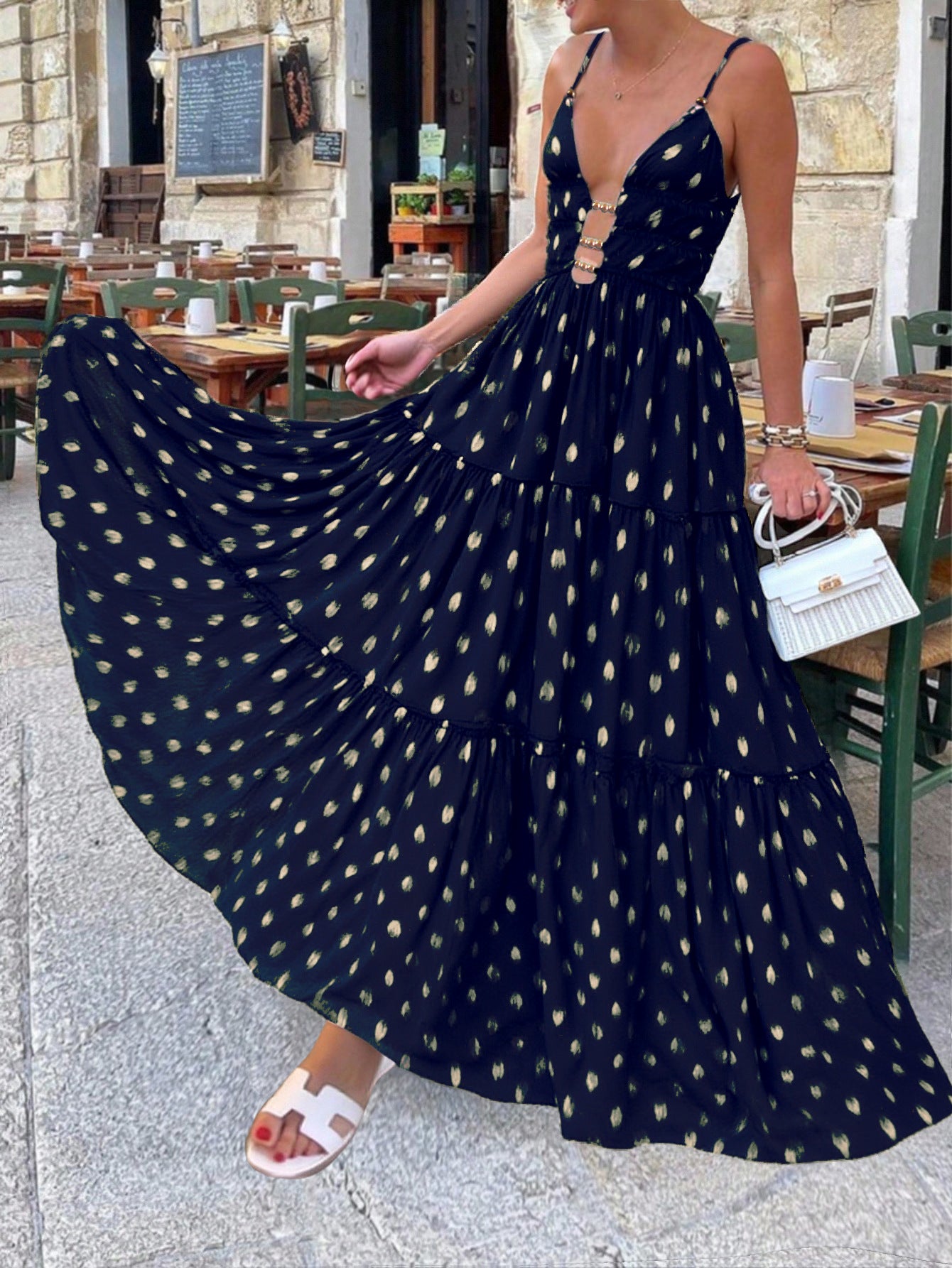 Deep V-Neck Navy Blue Printed Cut-Out Maxi Resort Wear Dress