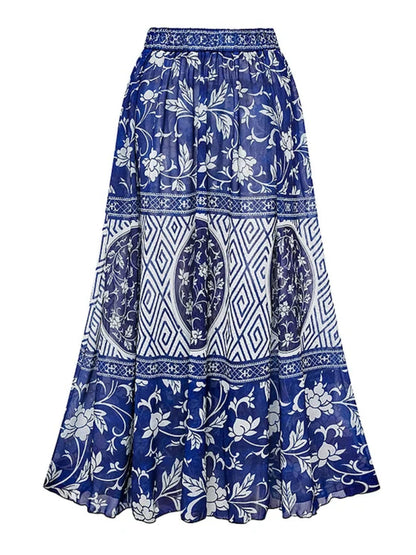 Boho Blue & White 3-Piece Swimwear Set – Ruffle Bikini with Maxi Sarong