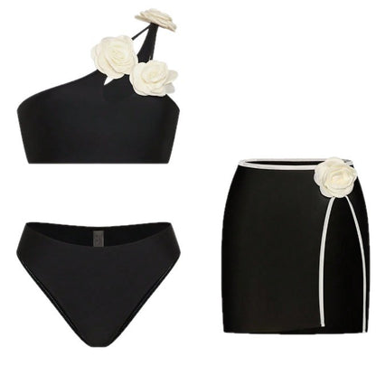 Black 3D Floral One-Shoulder Bikini Set with Skirt | Luxury Two-Piece Swimwear