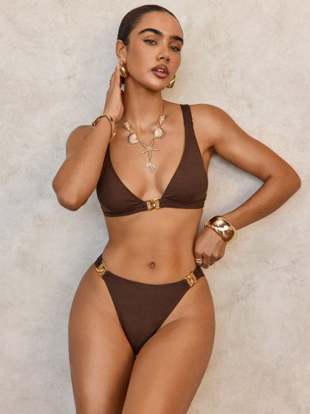 Women’s Mocha Brown Bralette Bikini Set with Gold Hardware | Luxe Minimal Swimwear