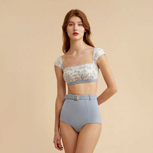 Vintage Blue Floral High-Waist Bikini Set | Women’s Square Neck Cap Sleeve Swimwear