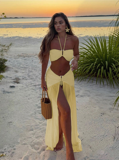 Butter Yellow Bandeau Bikini Set with Sheer Slit Skirt Cover-Up | Luxury Resort Swimwear