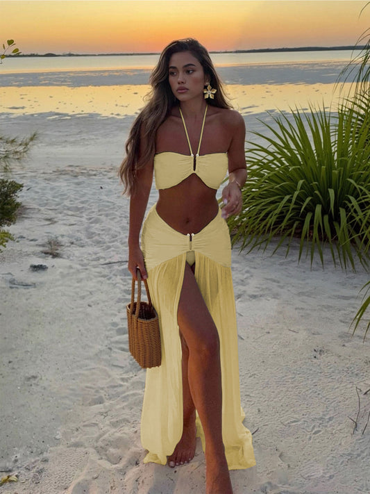 Butter Yellow Bandeau Bikini Set with Sheer Slit Skirt Cover-Up | Luxury Resort Swimwear