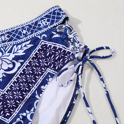 Boho Blue & White 3-Piece Swimwear Set – Ruffle Bikini with Maxi Sarong