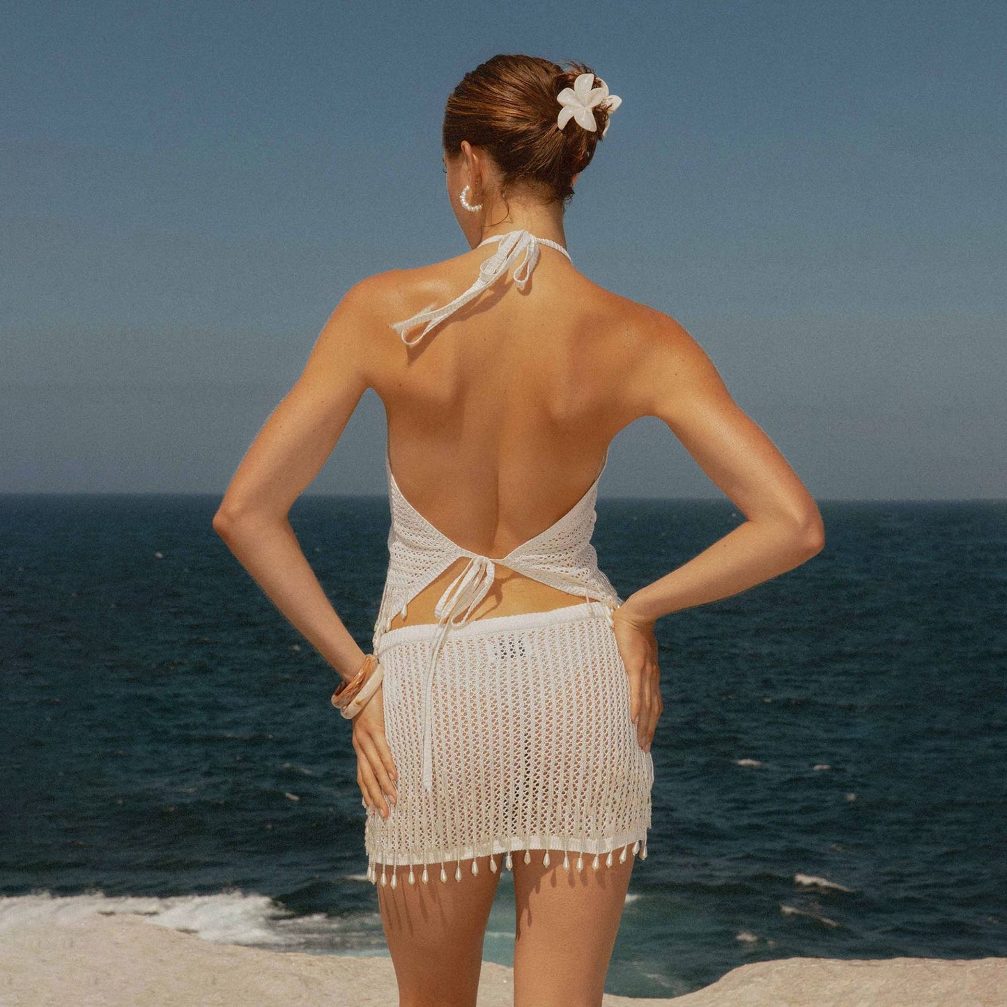 White Crochet Halter Top & Mini Skirt with Tassel Hem