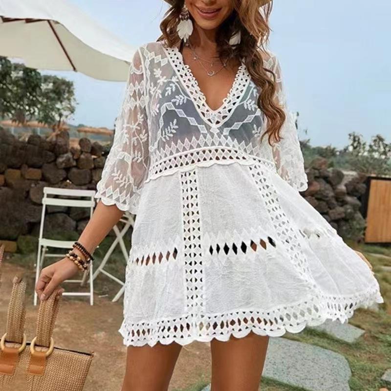 White Sheer Lace Swim Cover-Up Dress | V-Neck Beachwear Cover-Up for Women