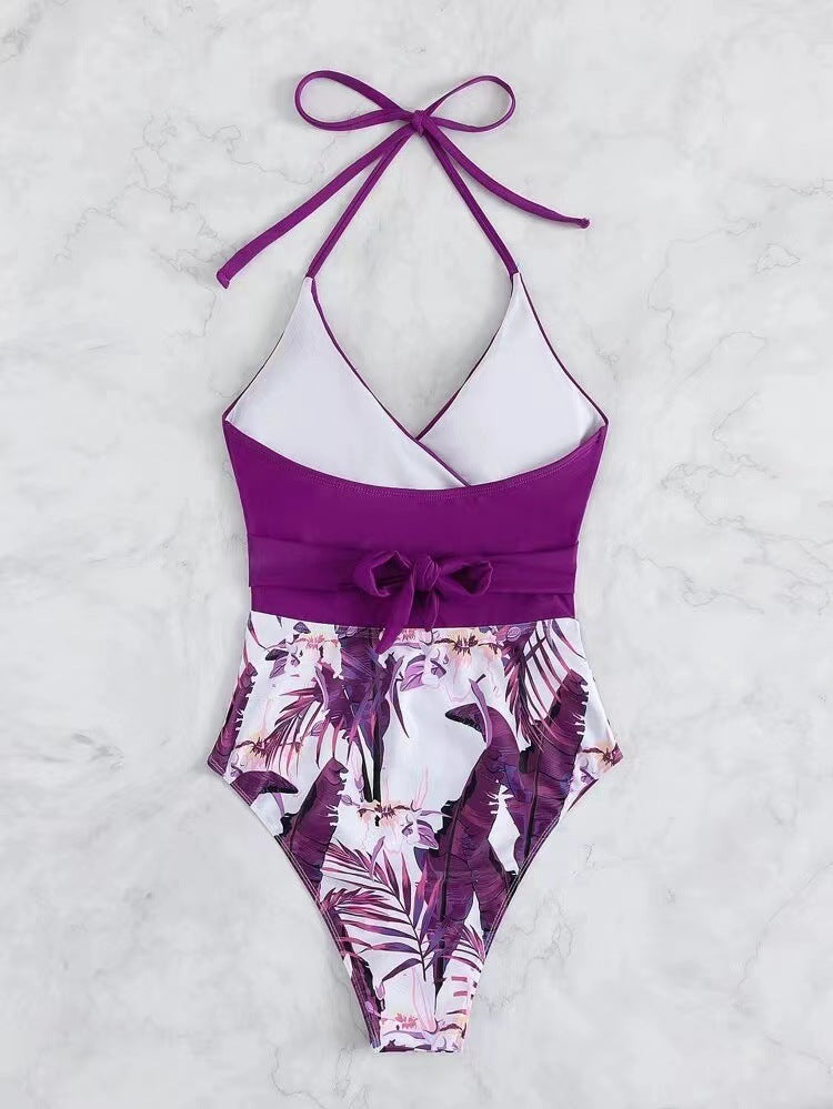 Plum Purple Cut-Out Monokini with Tropical High-Waist Detail | Women’s Statement One-Piece Swimwear