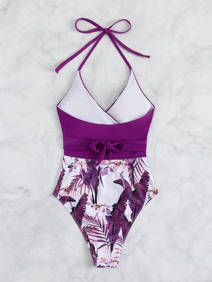 Plum Purple Cut-Out Monokini with Tropical High-Waist Detail | Women’s Statement One-Piece Swimwear