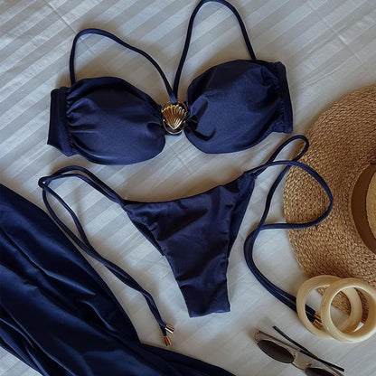 Navy Seashell Bandeau Bikini Set with Matching Beach Cover-Up – 3 Piece Resort Swimwear