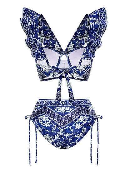 Boho Blue & White 3-Piece Swimwear Set – Ruffle Bikini with Maxi Sarong