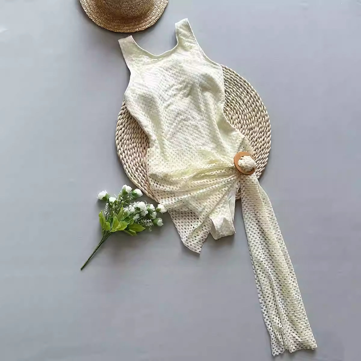 Beige Textured Mesh Monokini with Matching Wrap Cover-Up Skirt