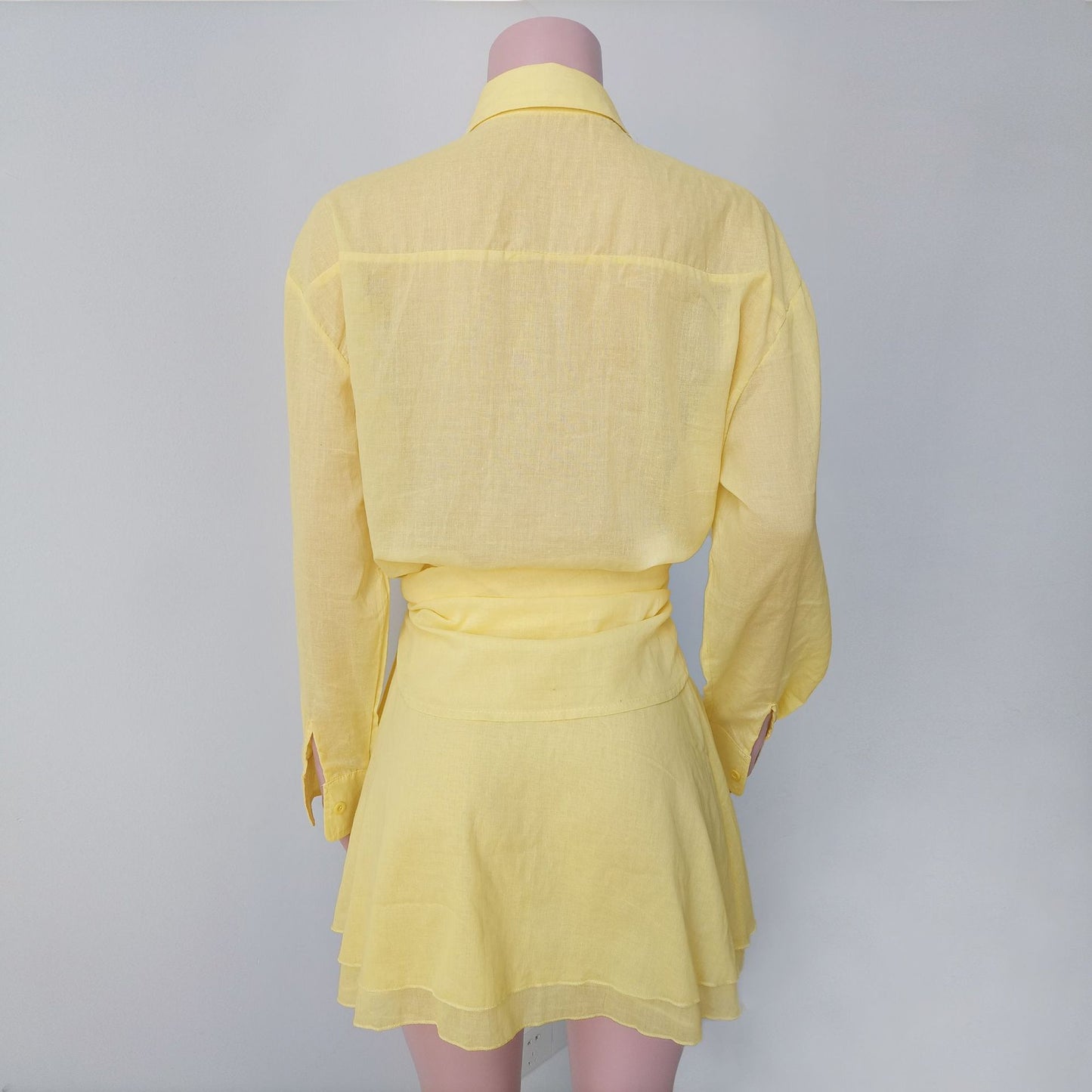 Butter Yellow Tie-Up Beach Shirt with Wrap Skirt Cover-Up Set
