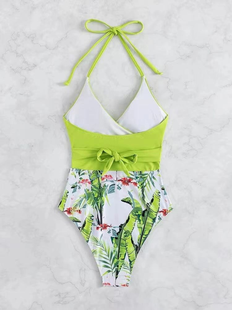 Lime Green Cut-Out Monokini with Tropical High-Waist Detail | Women’s Statement One-Piece Swimwear