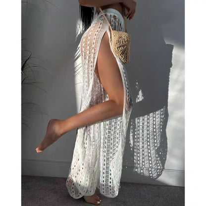 White Crochet High-Slit Beach Cover-Up Pants