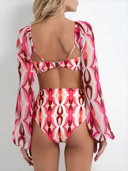 Pink Retro Print Mesh Sleeve High-Waist Bikini Set
