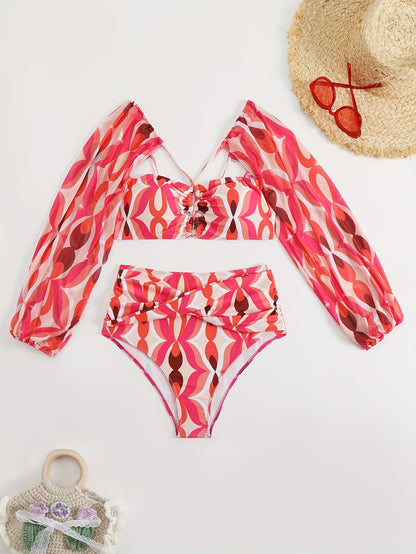 Pink Retro Print Mesh Sleeve High-Waist Bikini Set