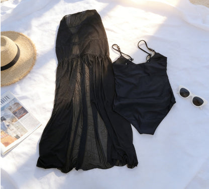 Black Cut-Out Monokini & Sheer Mesh Skirt