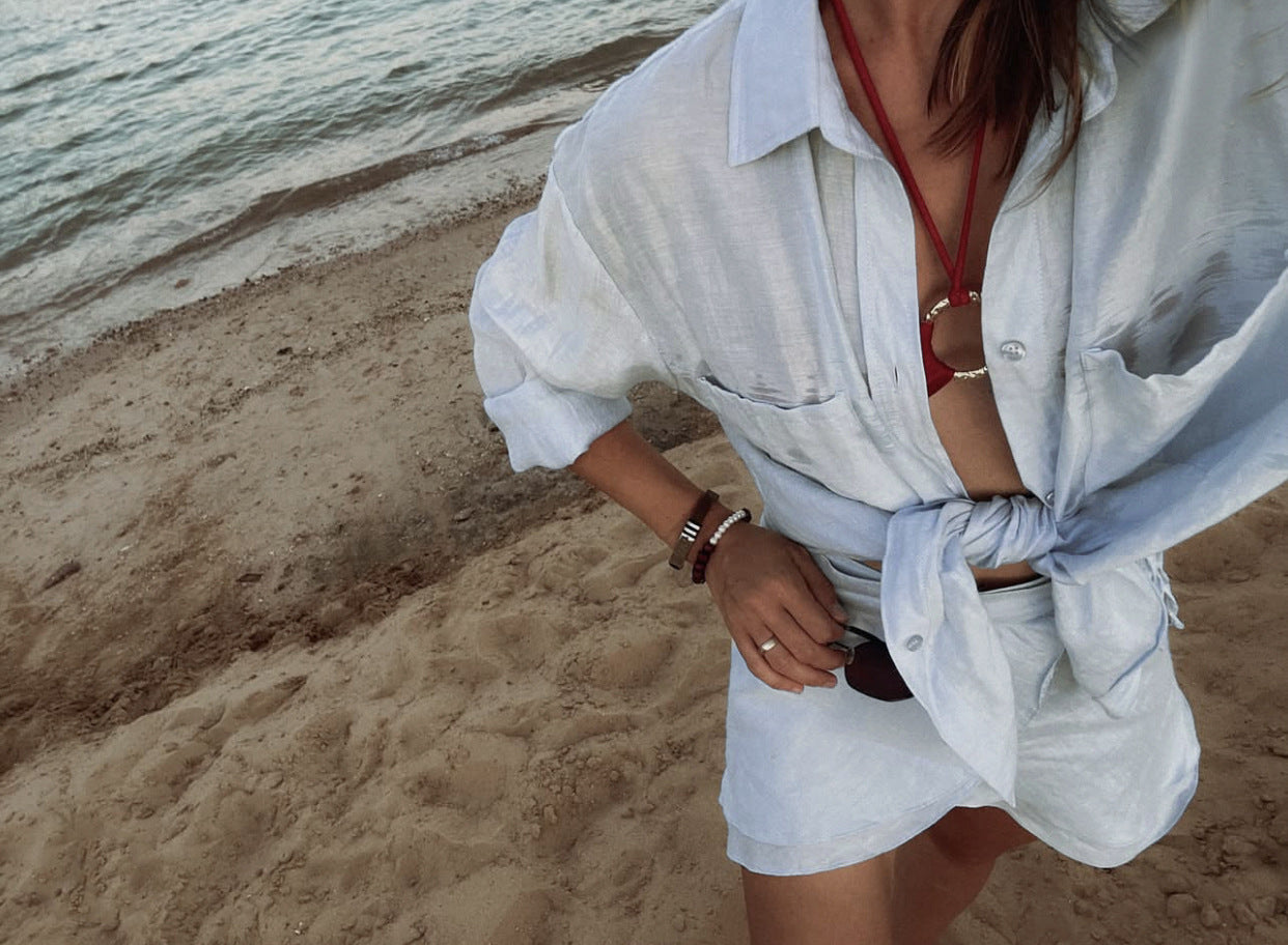 Sky Blue Tie-Up Beach Shirt with Wrap Skirt Cover-Up Set
