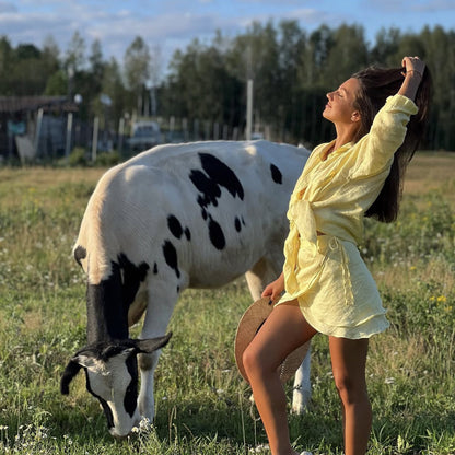 Butter Yellow Tie-Up Beach Shirt with Wrap Skirt Cover-Up Set