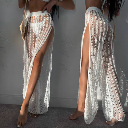 White Crochet High-Slit Beach Cover-Up Pants