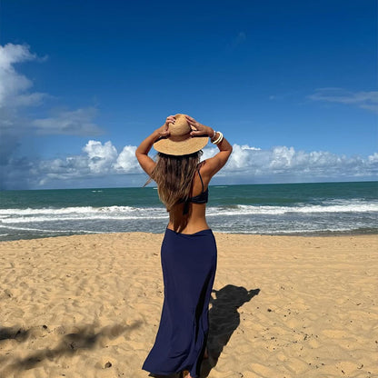 Navy Seashell Bandeau Bikini Set with Matching Beach Cover-Up – 3 Piece Resort Swimwear