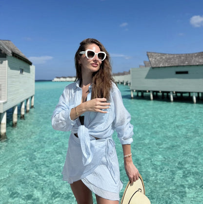 Sky Blue Tie-Up Beach Shirt with Wrap Skirt Cover-Up Set
