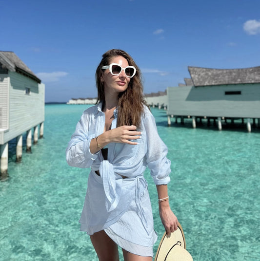 Sky Blue Tie-Up Beach Shirt with Wrap Skirt Cover-Up Set