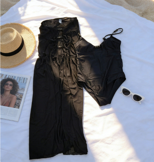 Black Cut-Out Monokini & Sheer Mesh Skirt