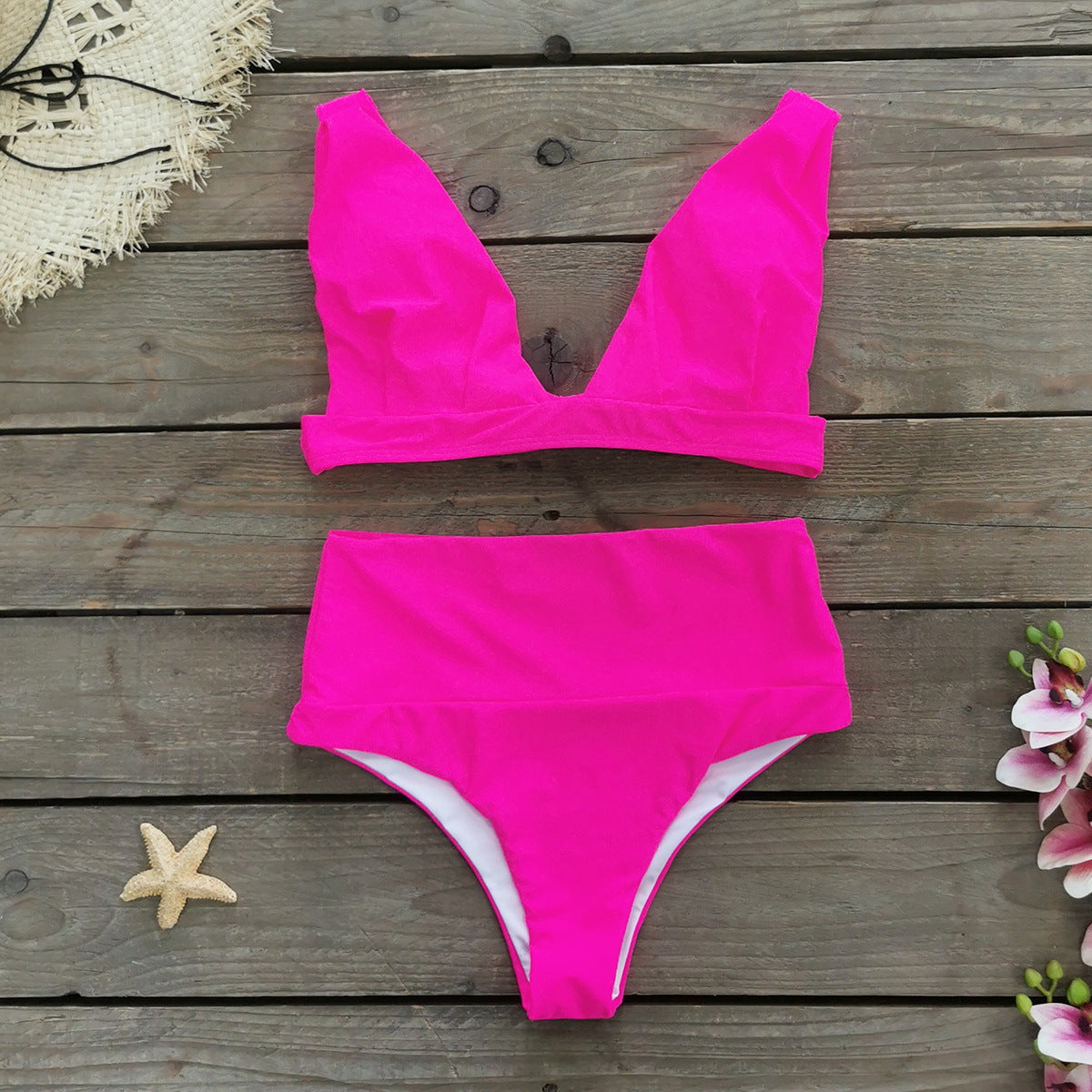 Fuchsia Plunge High-Waist Bikini Set