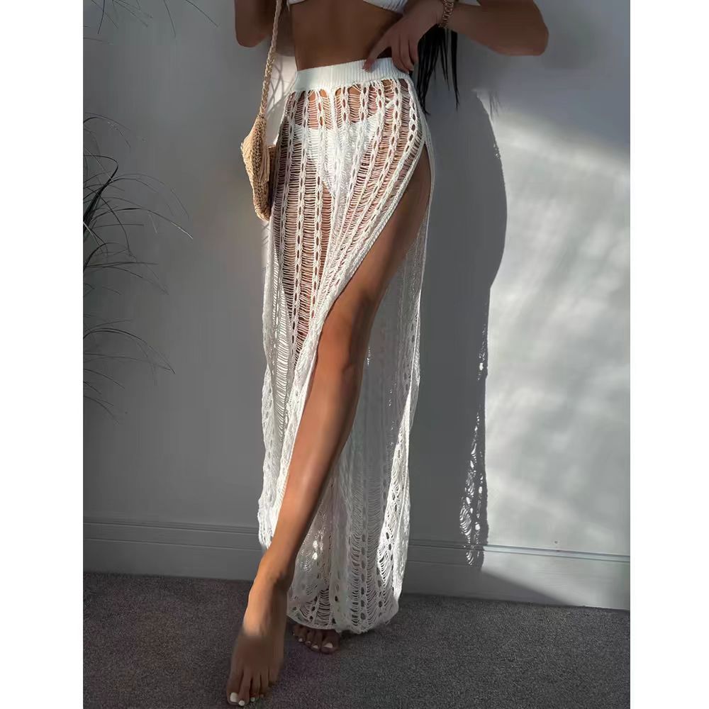 White Crochet High-Slit Beach Cover-Up Pants
