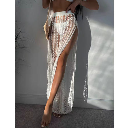 White Crochet High-Slit Beach Cover-Up Pants