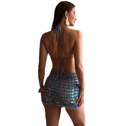 Ocean Blue Crochet Sequin Cut-Out Mini Dress