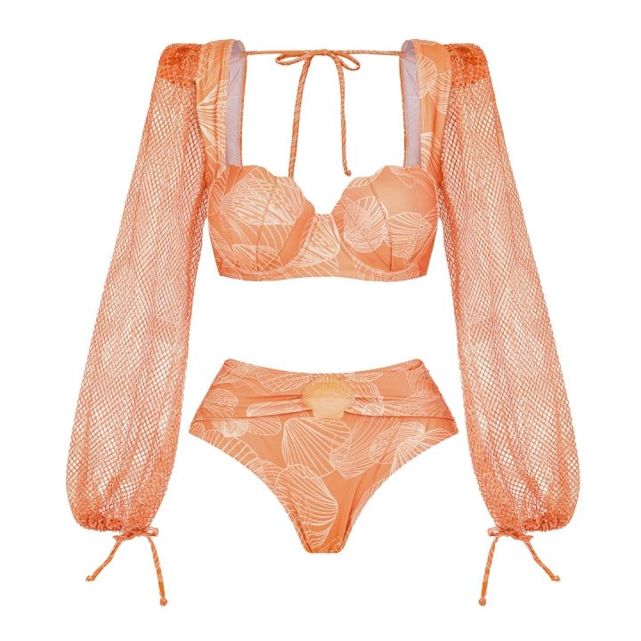 Peach Shell Bikini Set With Skirt