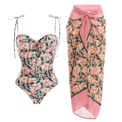 Pink Floral One-Piece Swimsuit with Wrap Sarong