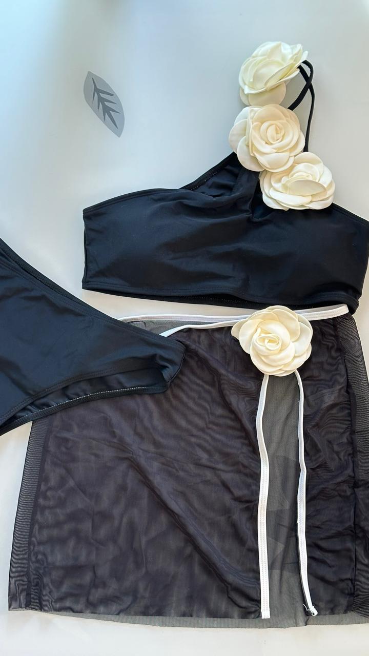 Black 3D Floral Bikini Set with Mesh Skirt