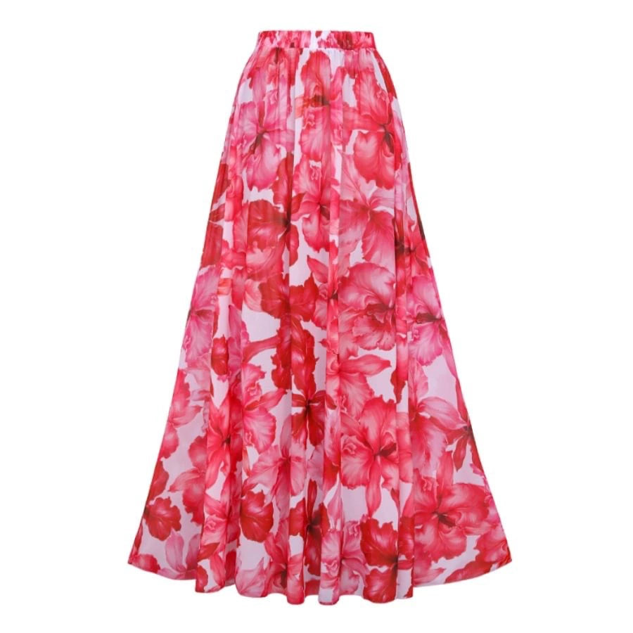 Red Floral Cutout Monokini with Maxi Skirt