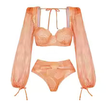 Mesh Sleeve Bikini Set with High-Waist Bottom & Matching Maxi Cover-Up – Peach Shell Print Swimwear