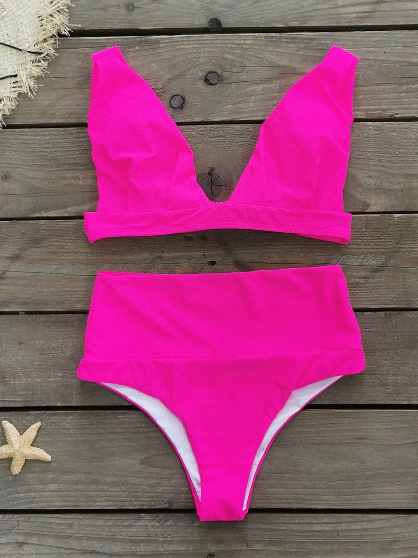 Fuchsia Plunge High-Waist Bikini Set