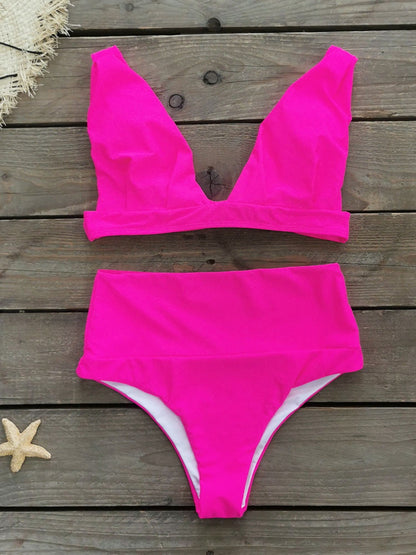 Fuchsia Plunge High-Waist Bikini Set