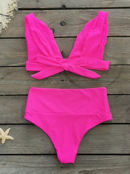 Fuchsia Plunge High-Waist Bikini Set