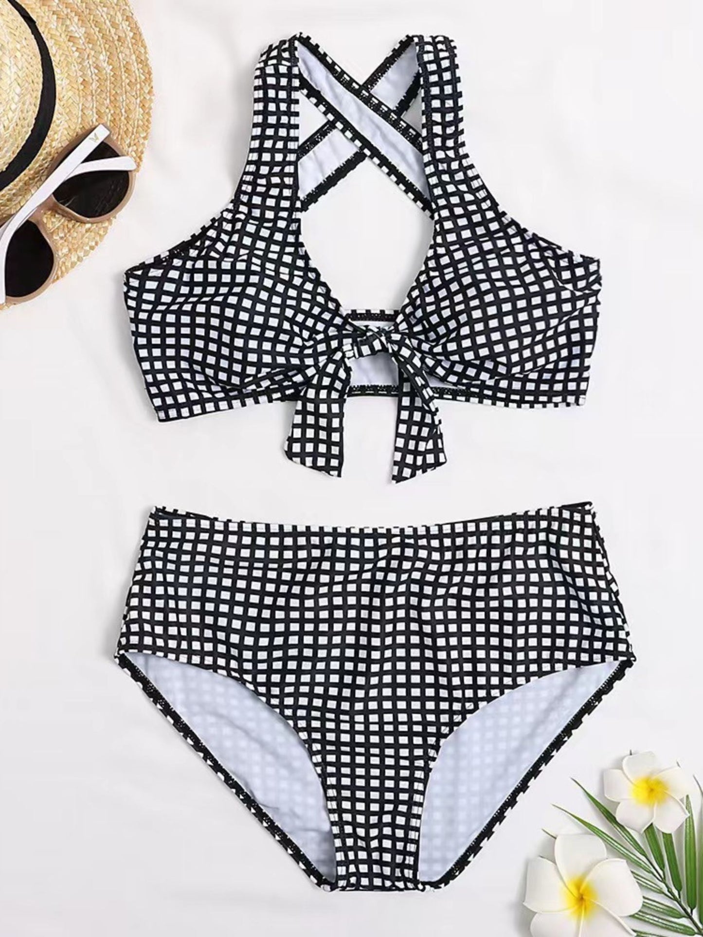 Black & White Checkered High-Waist Bikini Set