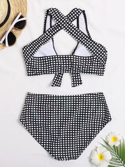 Black & White Checkered High-Waist Bikini Set