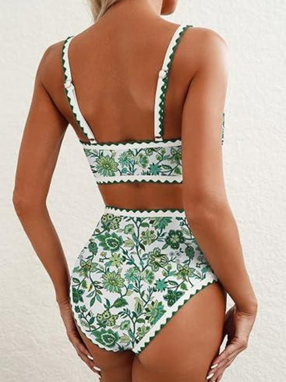 Green Floral High-Waist Bikini Set