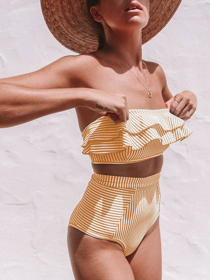 Ochre Yellow Ruffle Bandeau Bikini Set