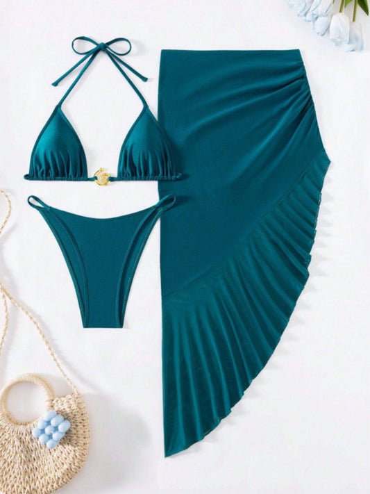 Teal Halter Bikini Set with Asymmetric Skirt