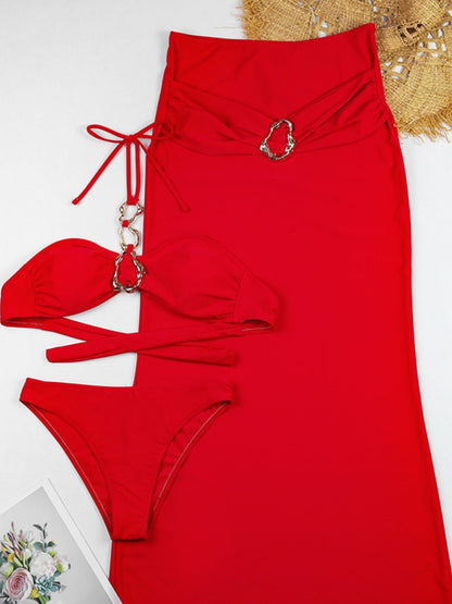 Red Halter Bikini & Maxi Skirt Set