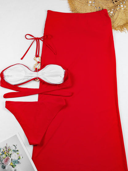Red Halter Bikini & Maxi Skirt Set