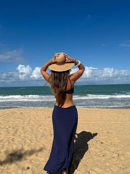 Navy Seashell Bandeau Bikini Set with Cover-Up